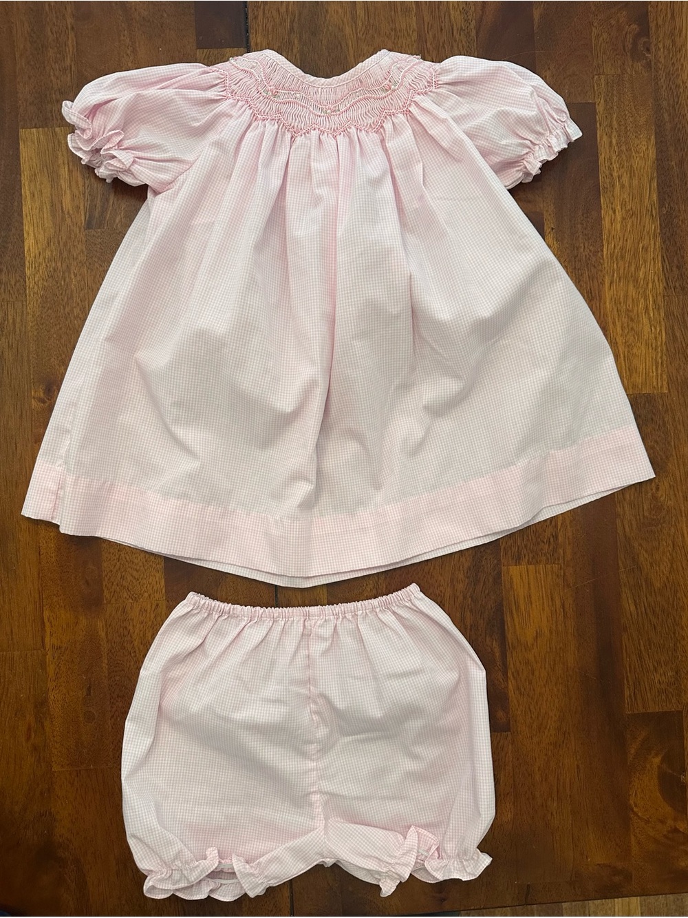 Petit Ami Light Pink Pearled Smocked Baby Dress Set